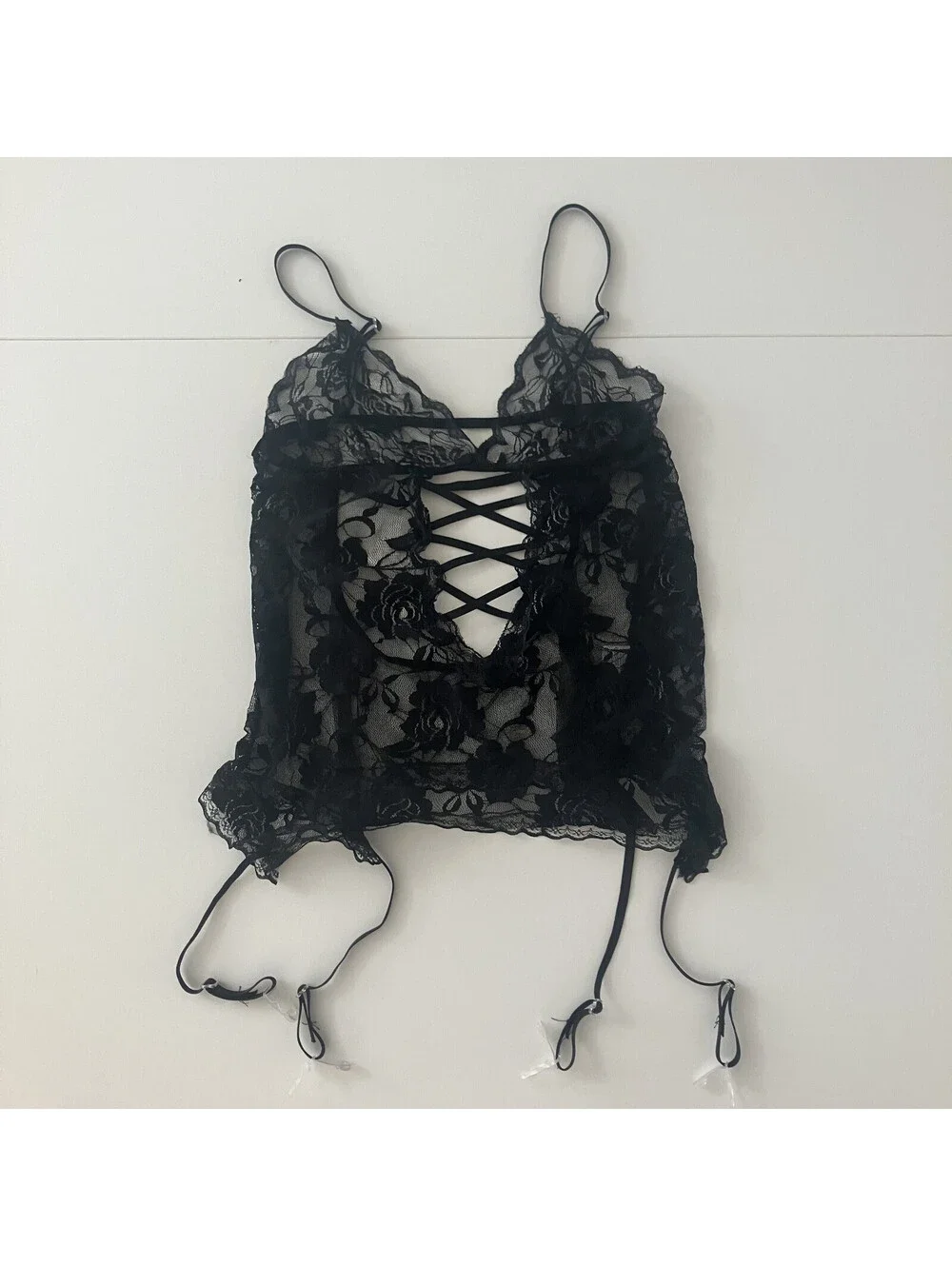 Black Floral Lace Lingerie Neglige Sexy Romantic Festival Garter Clips Goth